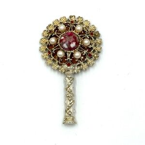 Mid-Century Gold Tone "Sam Fink" Bejeweled Purse Size Mirror With Pearl/Cabochon